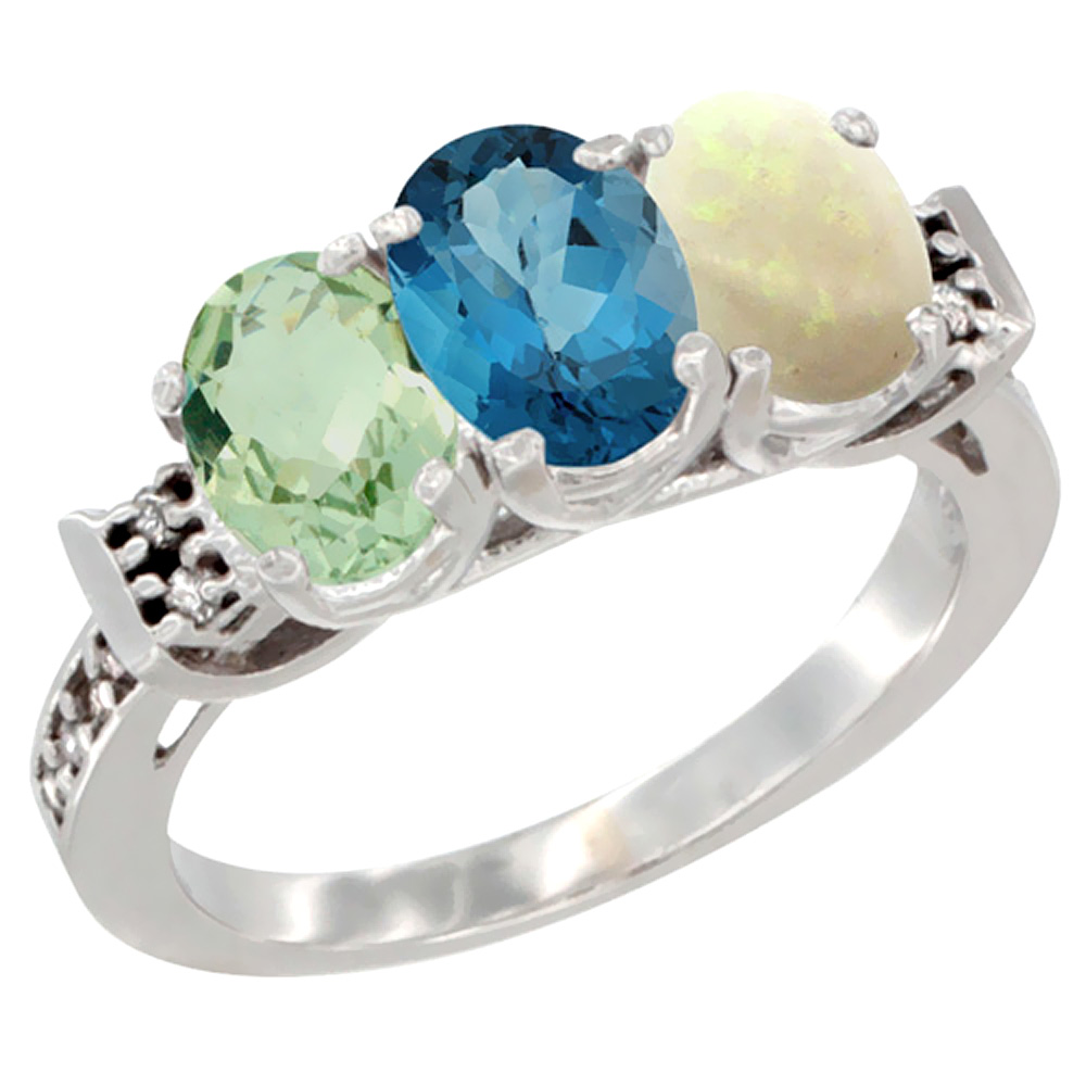 14K White Gold Natural Green Amethyst, London Blue Topaz & Opal Ring 3-Stone 7x5 mm Oval Diamond Accent, sizes 5 - 10