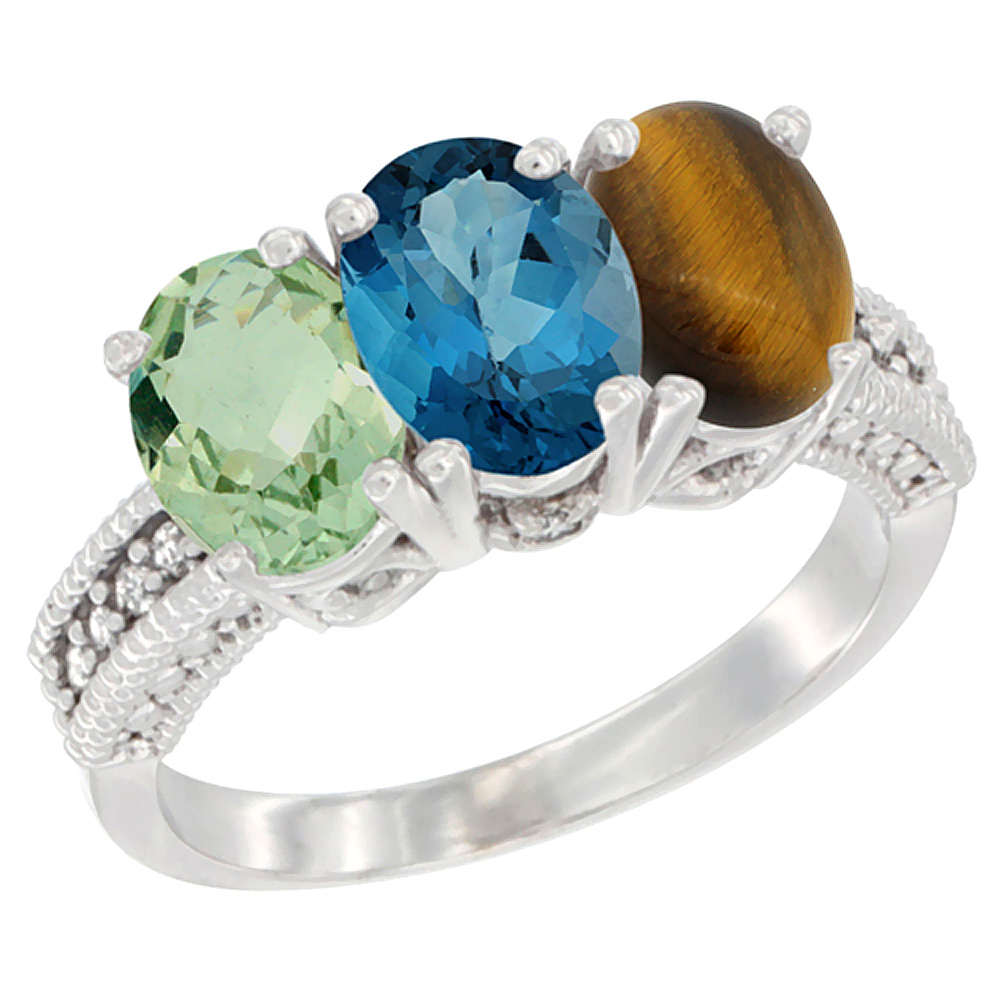 14K White Gold Natural Green Amethyst, London Blue Topaz & Tiger Eye Ring 3-Stone 7x5 mm Oval Diamond Accent, sizes 5 - 10