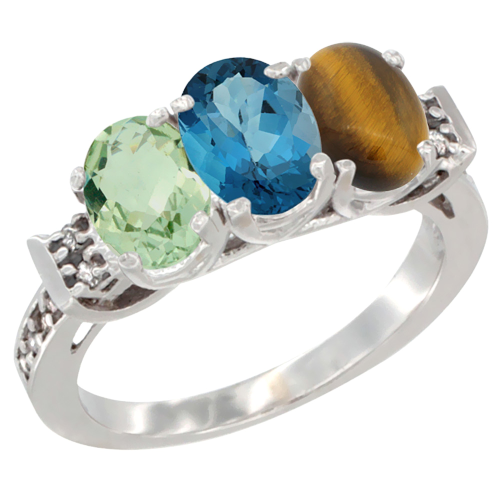 10K White Gold Natural Green Amethyst, London Blue Topaz & Tiger Eye Ring 3-Stone Oval 7x5 mm Diamond Accent, sizes 5 - 10