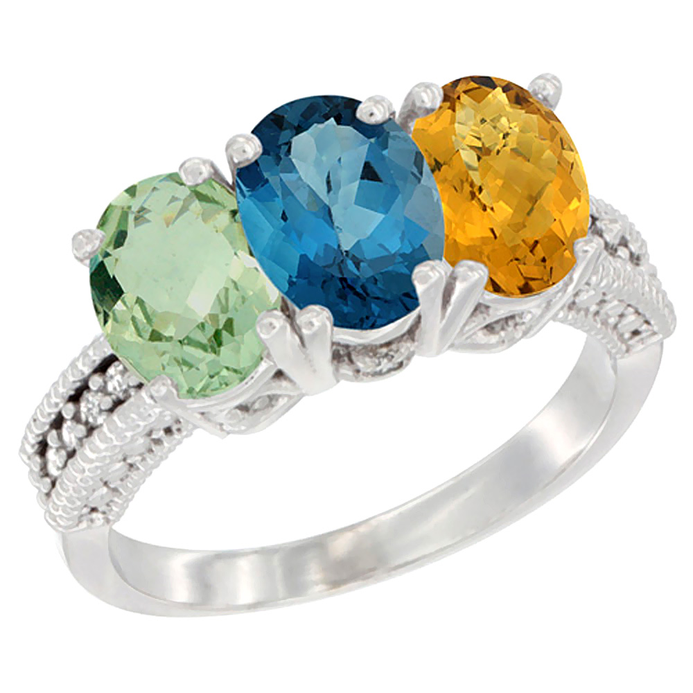 14K White Gold Natural Green Amethyst, London Blue Topaz & Whisky Quartz Ring 3-Stone 7x5 mm Oval Diamond Accent, sizes 5 - 10