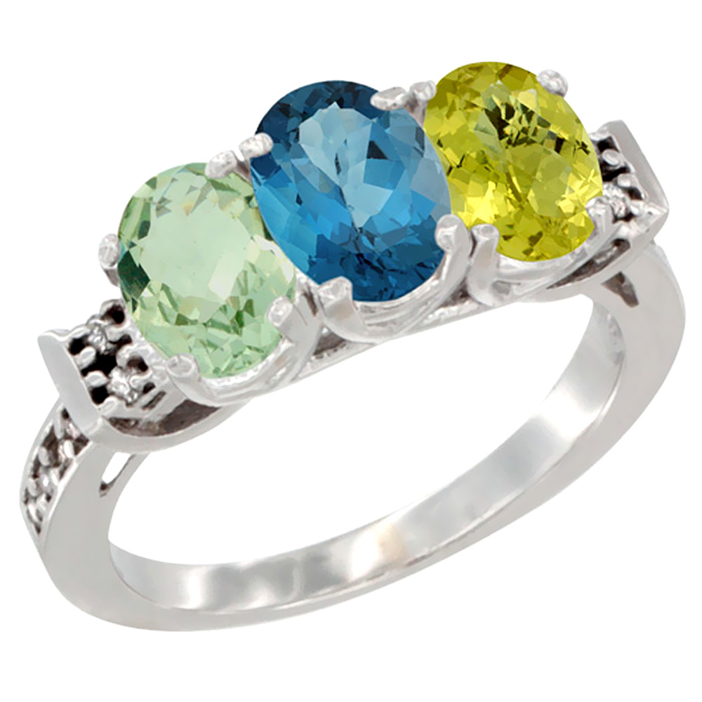 10K White Gold Natural Green Amethyst, London Blue Topaz & Lemon Quartz Ring 3-Stone Oval 7x5 mm Diamond Accent, sizes 5 - 10