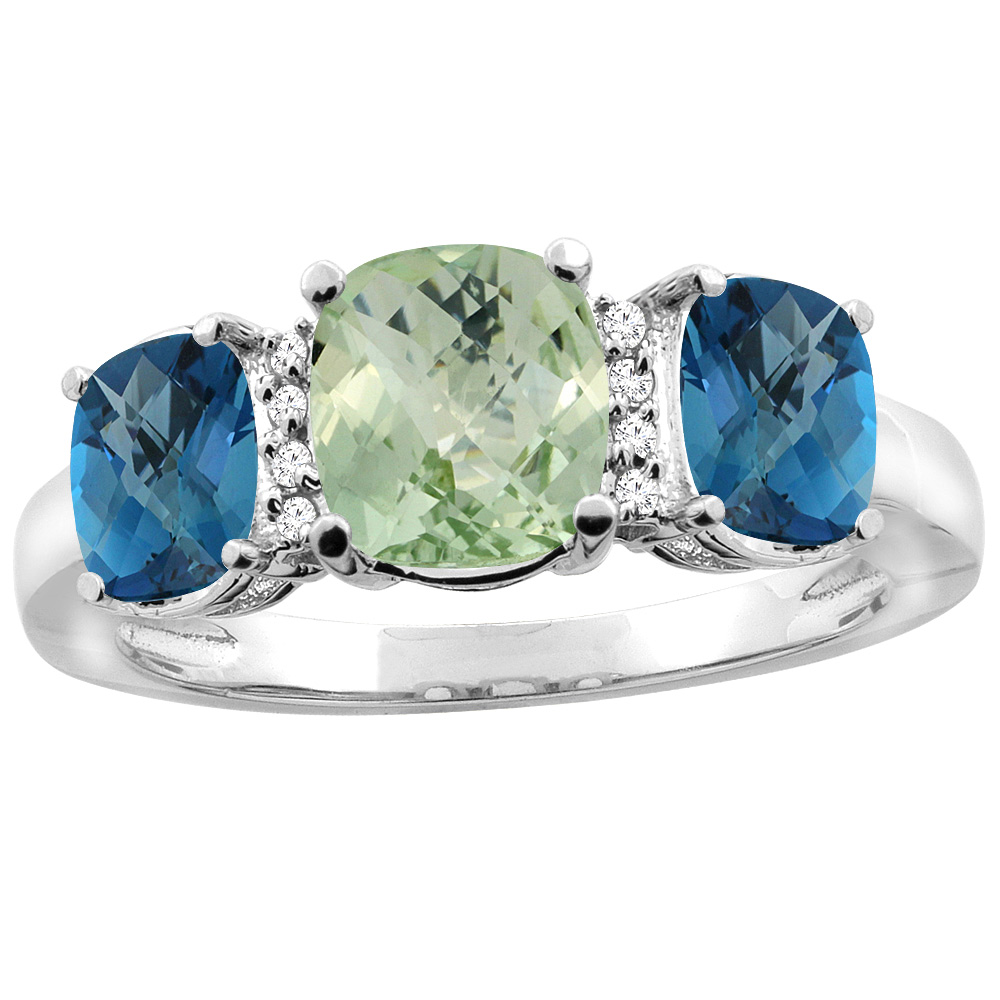 14K White Gold Natural Green Amethyst & London Blue Topaz 3-stone Ring Cushion 8x6mm Diamond Accent, sizes 5 - 10