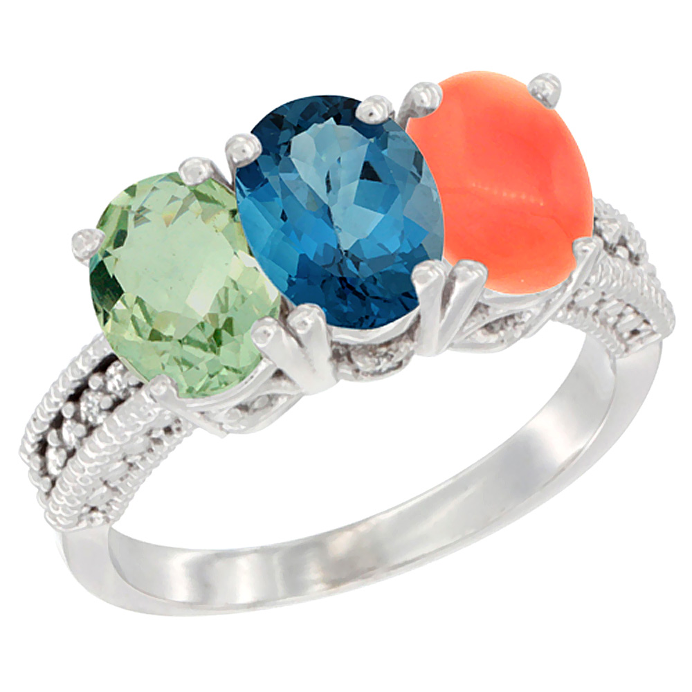 14K White Gold Natural Green Amethyst, London Blue Topaz &amp; Coral Ring 3-Stone 7x5 mm Oval Diamond Accent, sizes 5 - 10