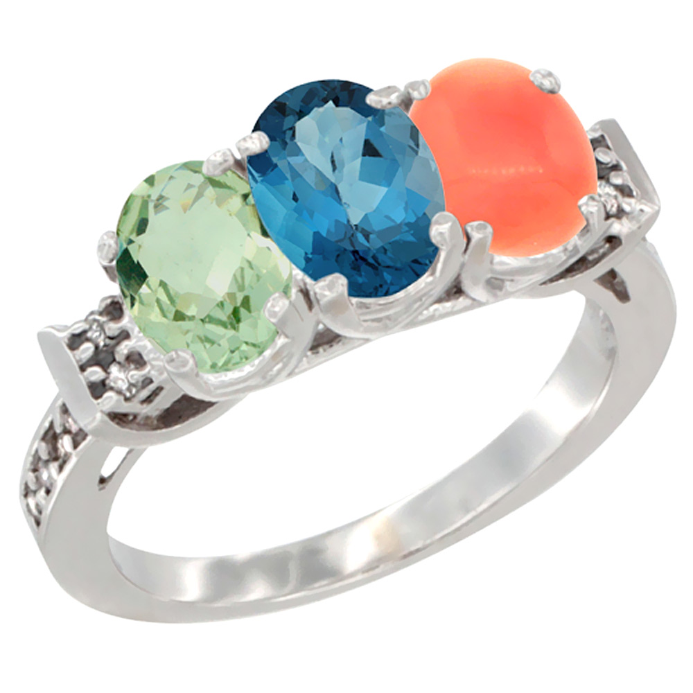 10K White Gold Natural Green Amethyst, London Blue Topaz & Coral Ring 3-Stone Oval 7x5 mm Diamond Accent, sizes 5 - 10