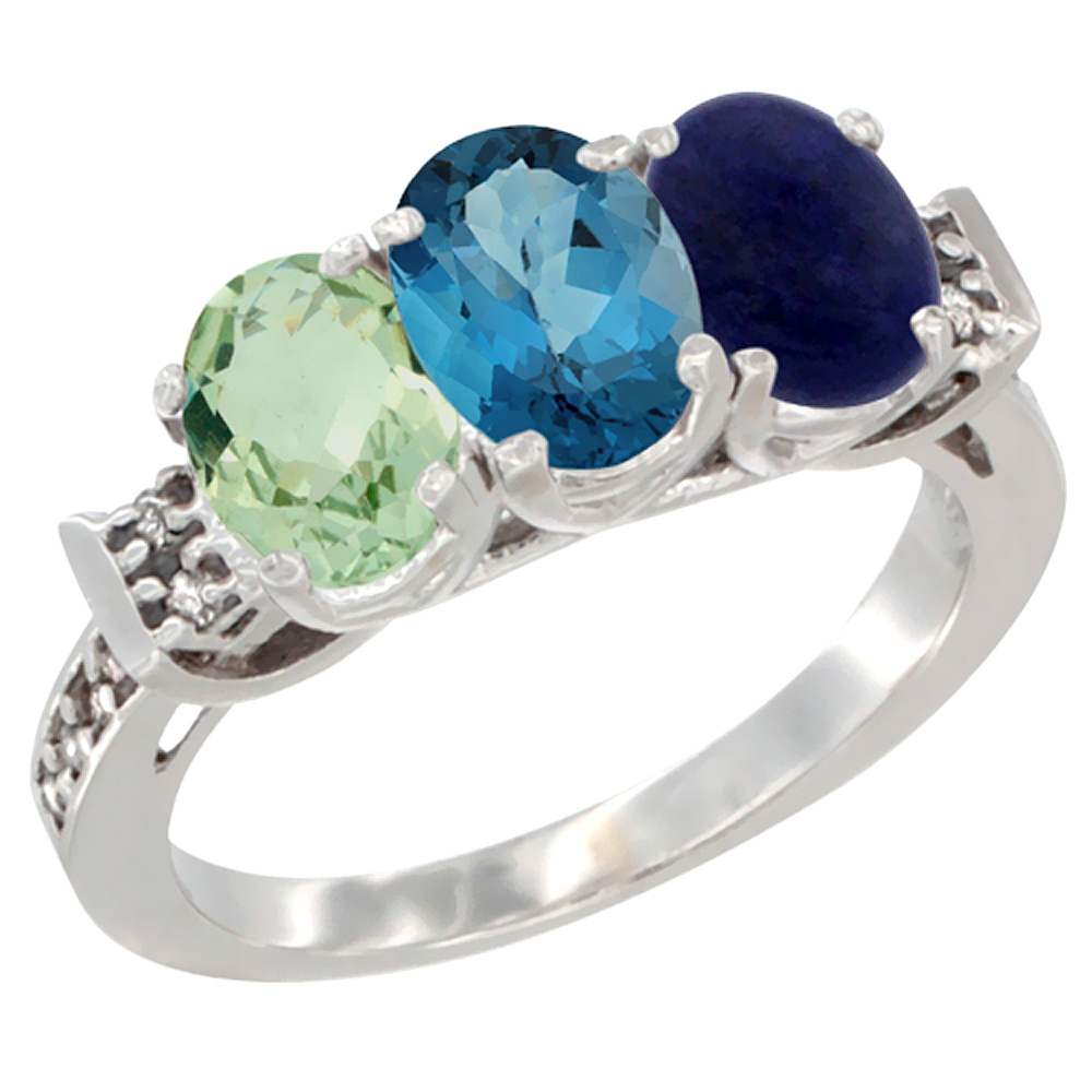 14K White Gold Natural Green Amethyst, London Blue Topaz & Lapis Ring 3-Stone 7x5 mm Oval Diamond Accent, sizes 5 - 10