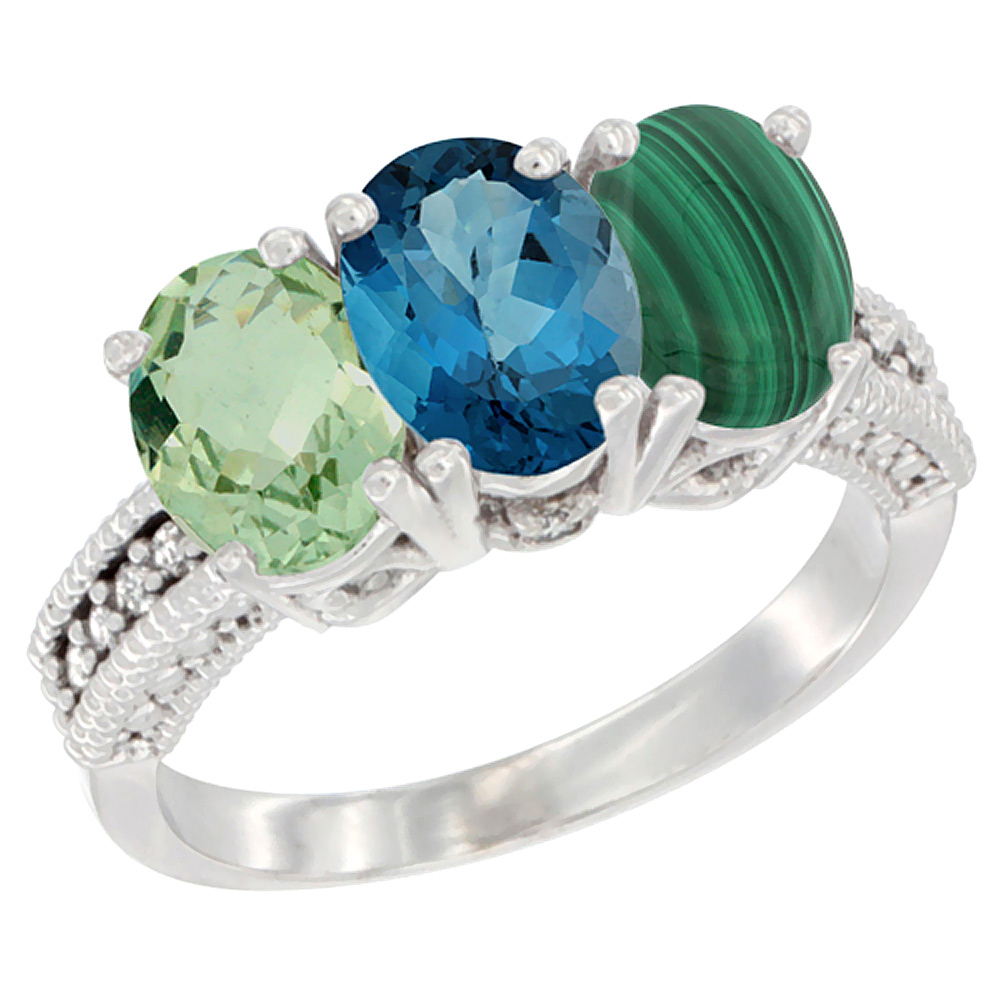 14K White Gold Natural Green Amethyst, London Blue Topaz &amp; Malachite Ring 3-Stone 7x5 mm Oval Diamond Accent, sizes 5 - 10