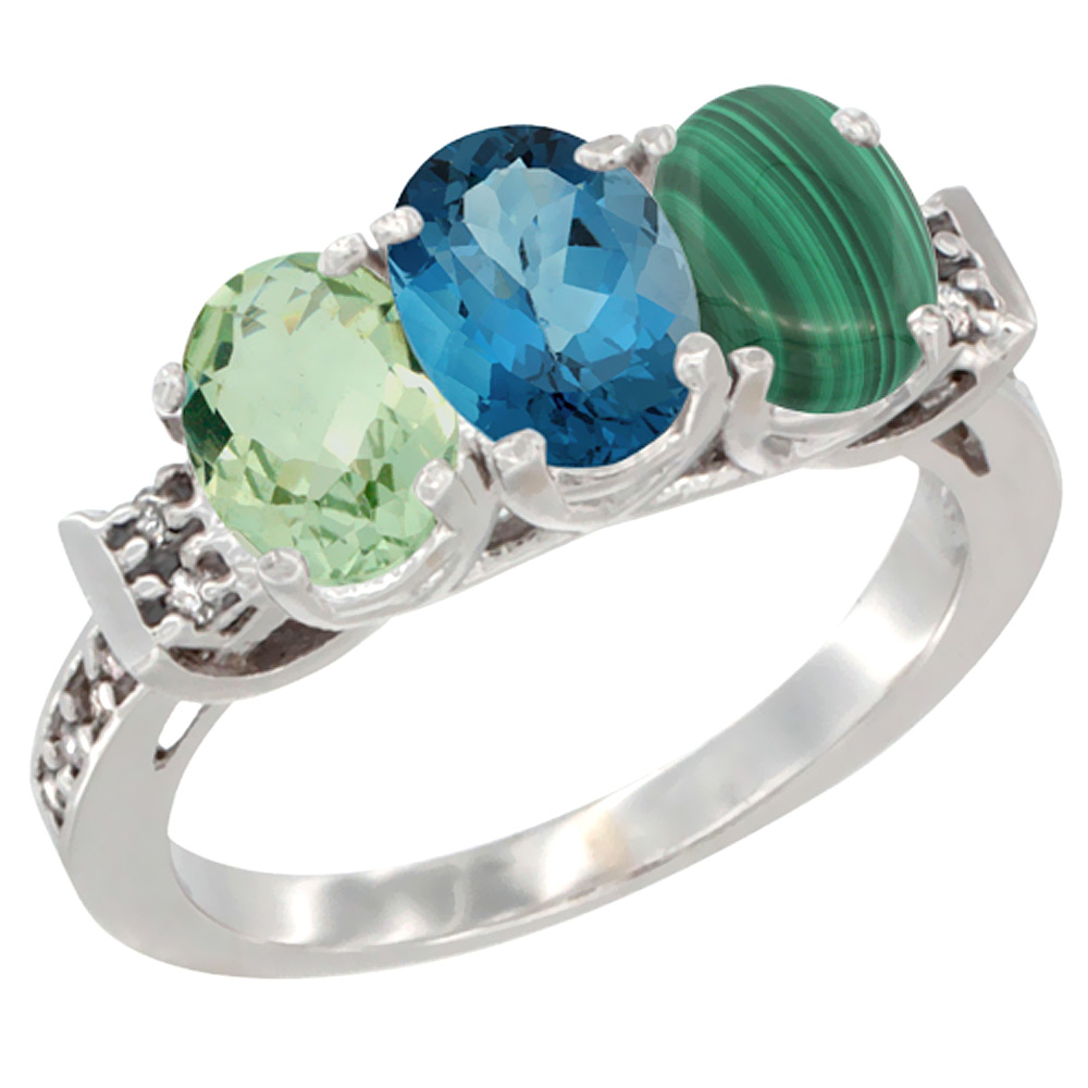 14K White Gold Natural Green Amethyst, London Blue Topaz & Malachite Ring 3-Stone 7x5 mm Oval Diamond Accent, sizes 5 - 10