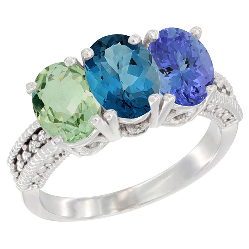 10K White Gold Natural Green Amethyst, London Blue Topaz & Tanzanite Ring 3-Stone Oval 7x5 mm Diamond Accent, sizes 5 - 10