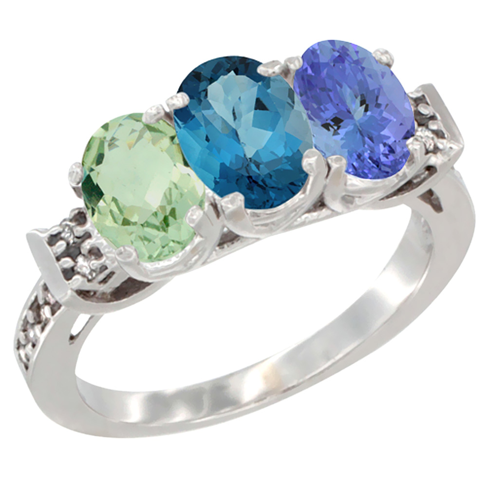 10K White Gold Natural Green Amethyst, London Blue Topaz & Tanzanite Ring 3-Stone Oval 7x5 mm Diamond Accent, sizes 5 - 10