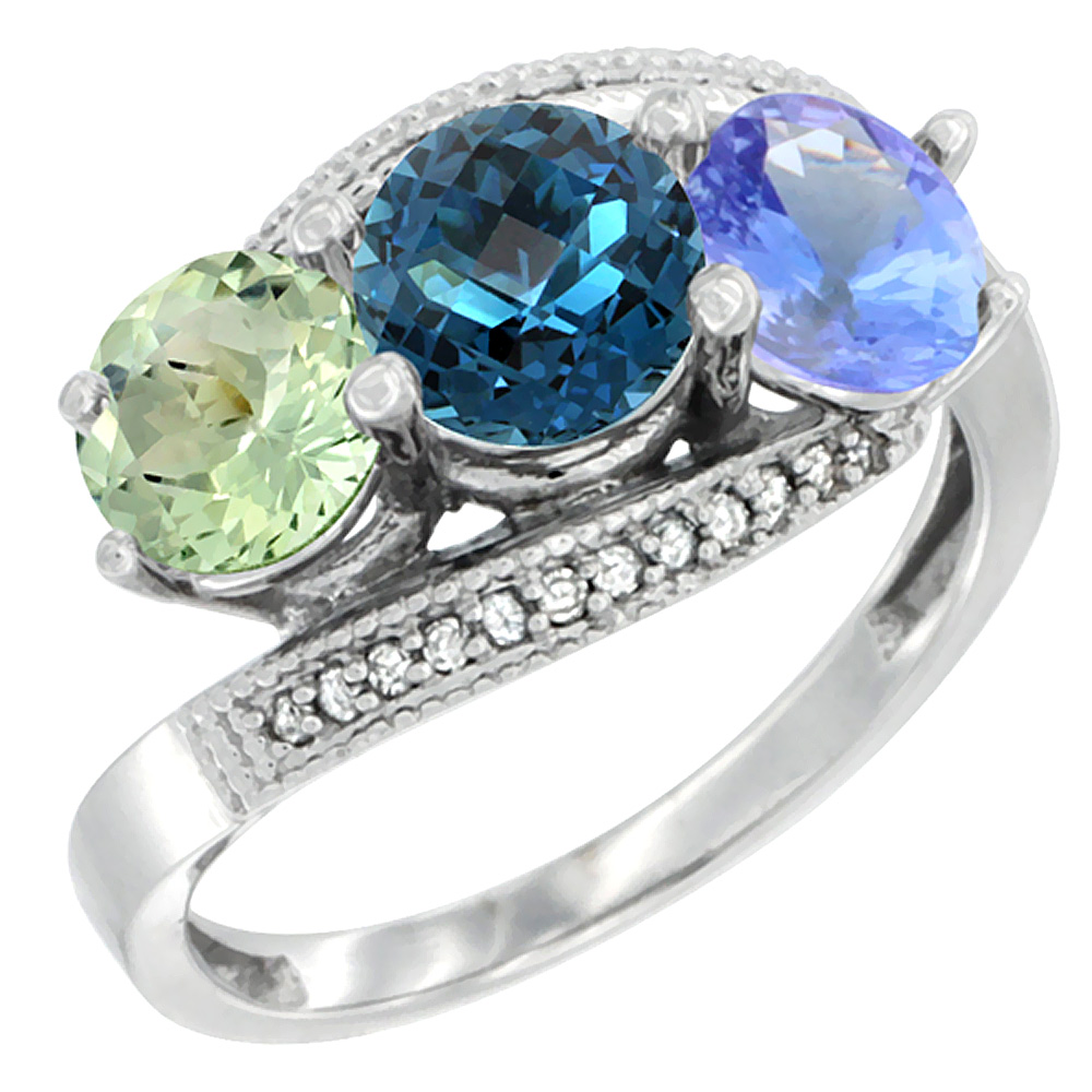 14K White Gold Natural Green Amethyst, London Blue Topaz &amp; Tanzanite 3 stone Ring Round 6mm Diamond Accent, sizes 5 - 10