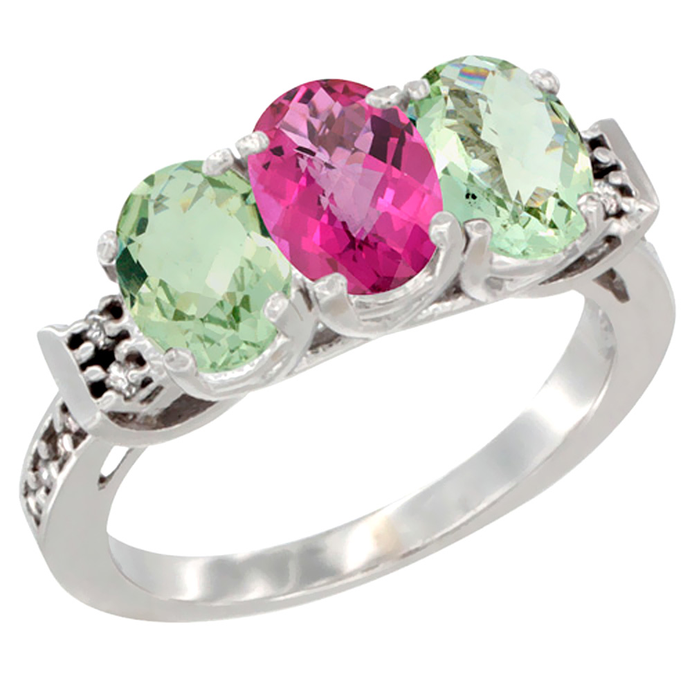 10K White Gold Natural Pink Topaz & Green Amethyst Sides Ring 3-Stone Oval 7x5 mm Diamond Accent, sizes 5 - 10