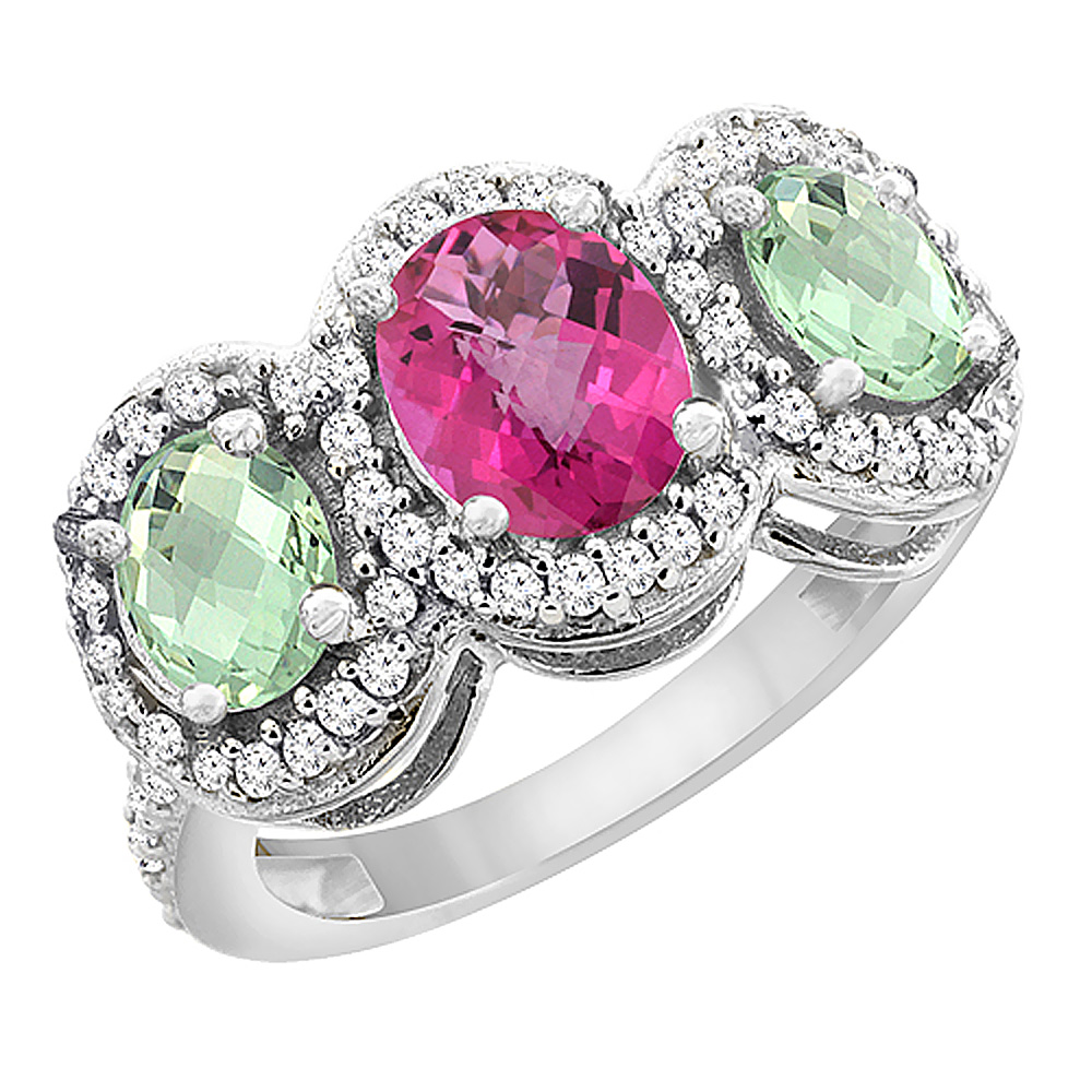 10K White Gold Natural Pink Topaz & Green Amethyst 3-Stone Ring Oval Diamond Accent, sizes 5 - 10