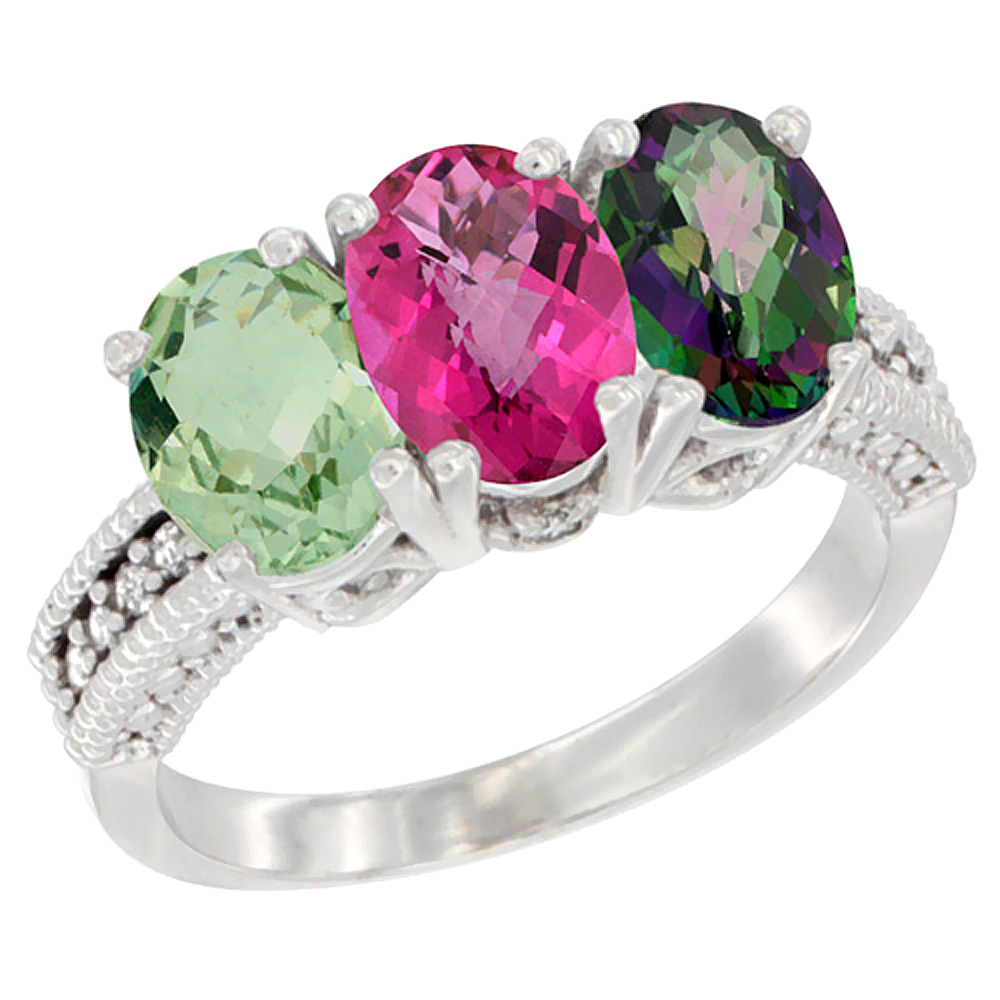 14K White Gold Natural Green Amethyst, Pink Topaz &amp; Mystic Topaz Ring 3-Stone 7x5 mm Oval Diamond Accent, sizes 5 - 10