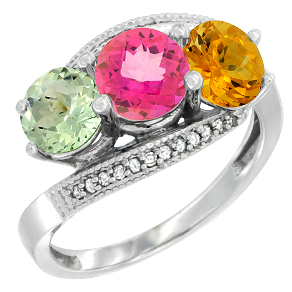 14K White Gold Natural Green Amethyst, Pink Topaz &amp; Citrine 3 stone Ring Round 6mm Diamond Accent, sizes 5 - 10