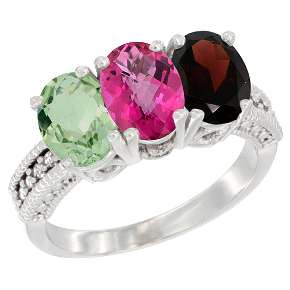 14K White Gold Natural Green Amethyst, Pink Topaz & Garnet Ring 3-Stone 7x5 mm Oval Diamond Accent, sizes 5 - 10