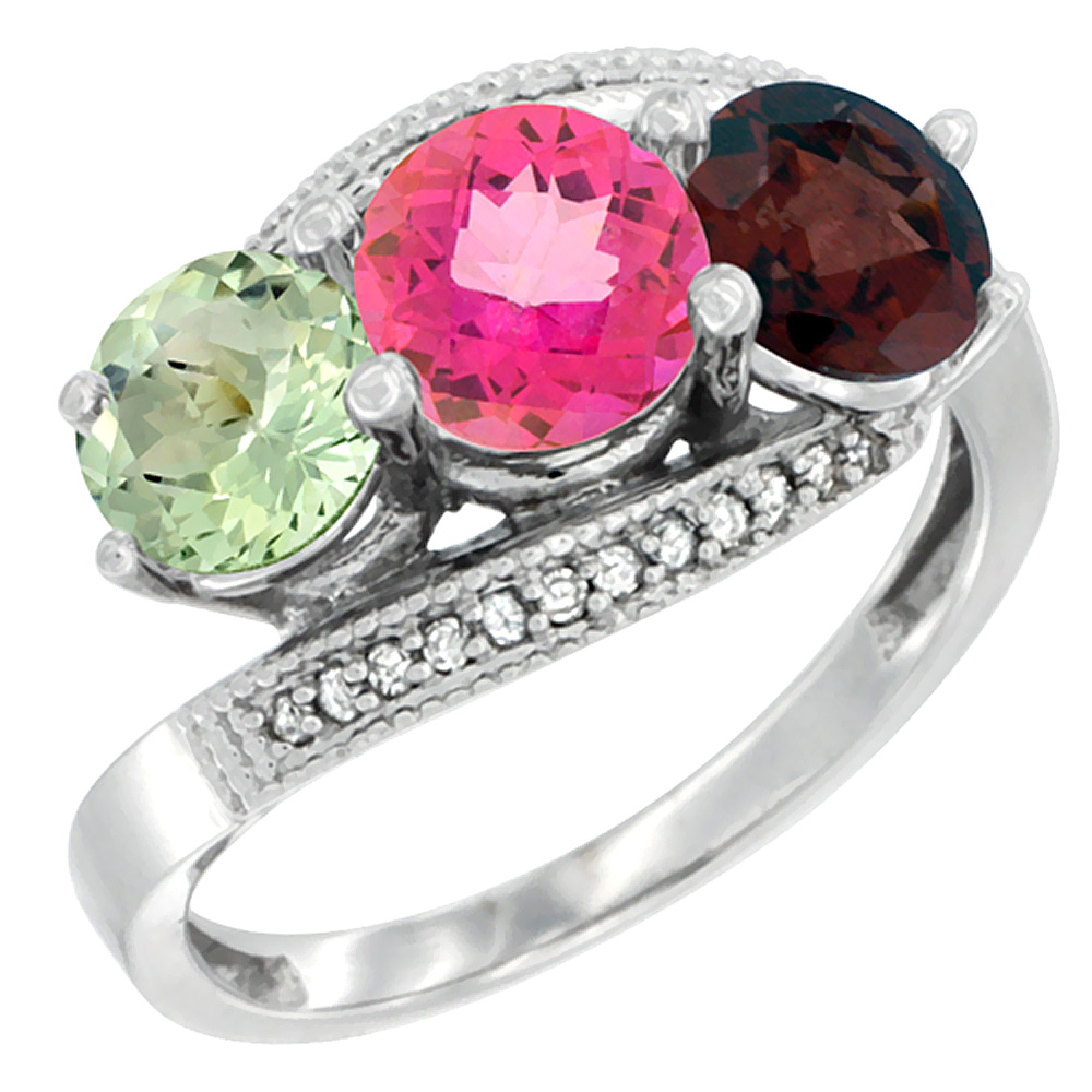 14K White Gold Natural Green Amethyst, Pink Topaz &amp; Garnet 3 stone Ring Round 6mm Diamond Accent, sizes 5 - 10