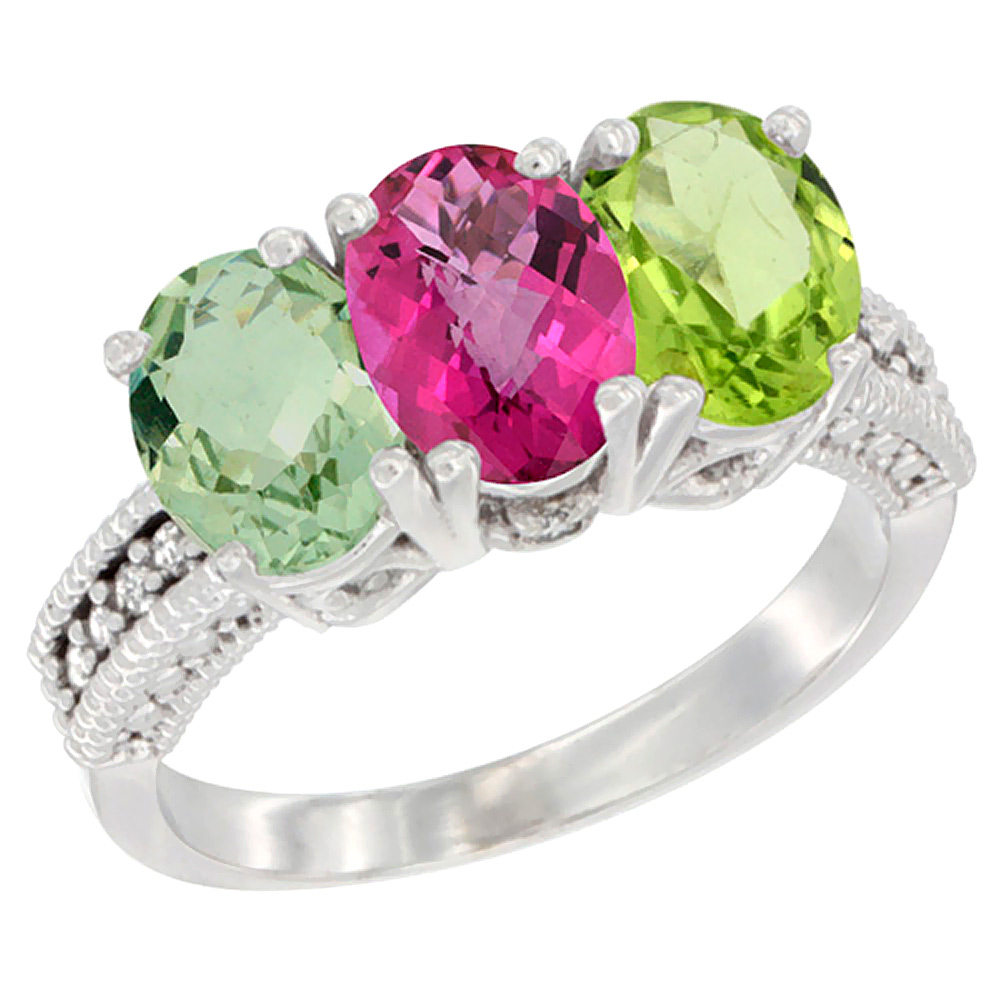 14K White Gold Natural Green Amethyst, Pink Topaz &amp; Peridot Ring 3-Stone 7x5 mm Oval Diamond Accent, sizes 5 - 10