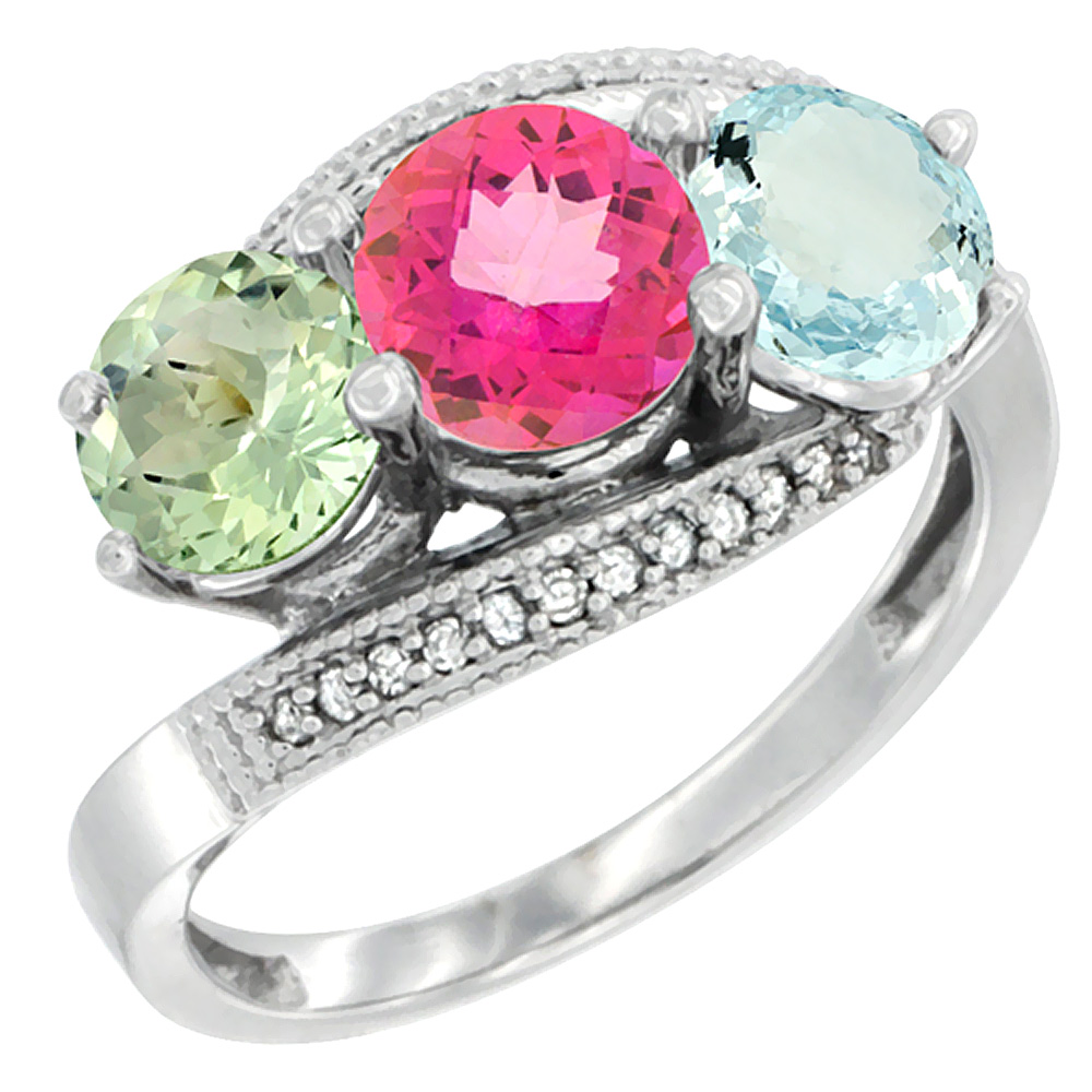 14K White Gold Natural Green Amethyst, Pink Topaz &amp; Aquamarine 3 stone Ring Round 6mm Diamond Accent, sizes 5 - 10