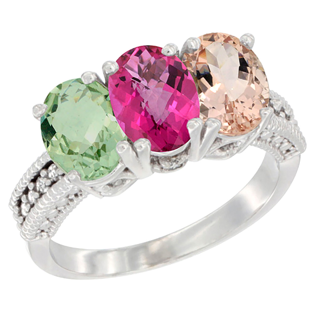14K White Gold Natural Green Amethyst, Pink Topaz & Morganite Ring 3-Stone 7x5 mm Oval Diamond Accent, sizes 5 - 10