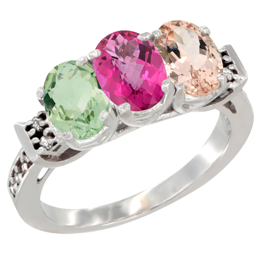 14K White Gold Natural Green Amethyst, Pink Topaz &amp; Morganite Ring 3-Stone 7x5 mm Oval Diamond Accent, sizes 5 - 10
