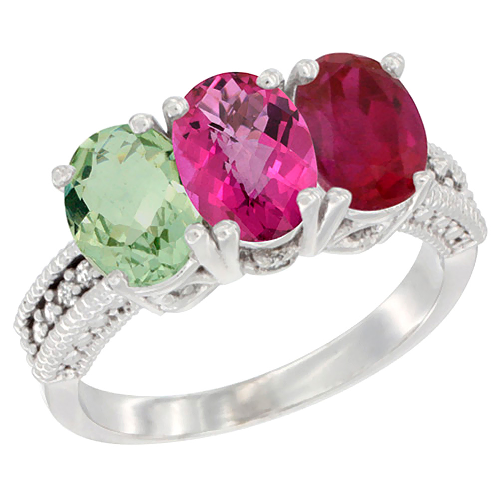 10K White Gold Natural Green Amethyst, Pink Topaz &amp; Enhanced Ruby Ring 3-Stone Oval 7x5 mm Diamond Accent, sizes 5 - 10