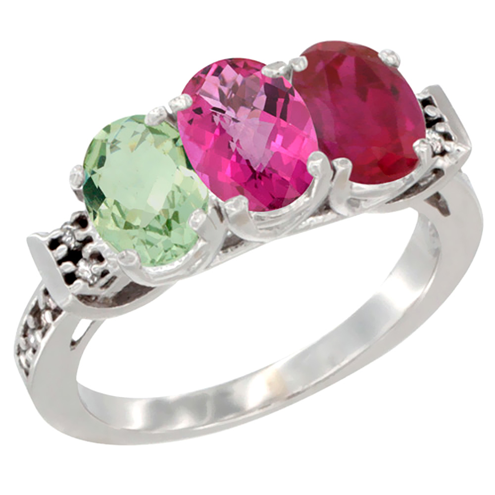 10K White Gold Natural Green Amethyst, Pink Topaz & Enhanced Ruby Ring 3-Stone Oval 7x5 mm Diamond Accent, sizes 5 - 10