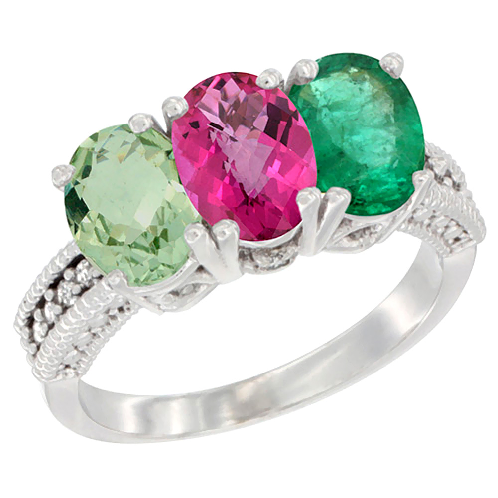 14K White Gold Natural Green Amethyst, Pink Topaz & Emerald Ring 3-Stone 7x5 mm Oval Diamond Accent, sizes 5 - 10