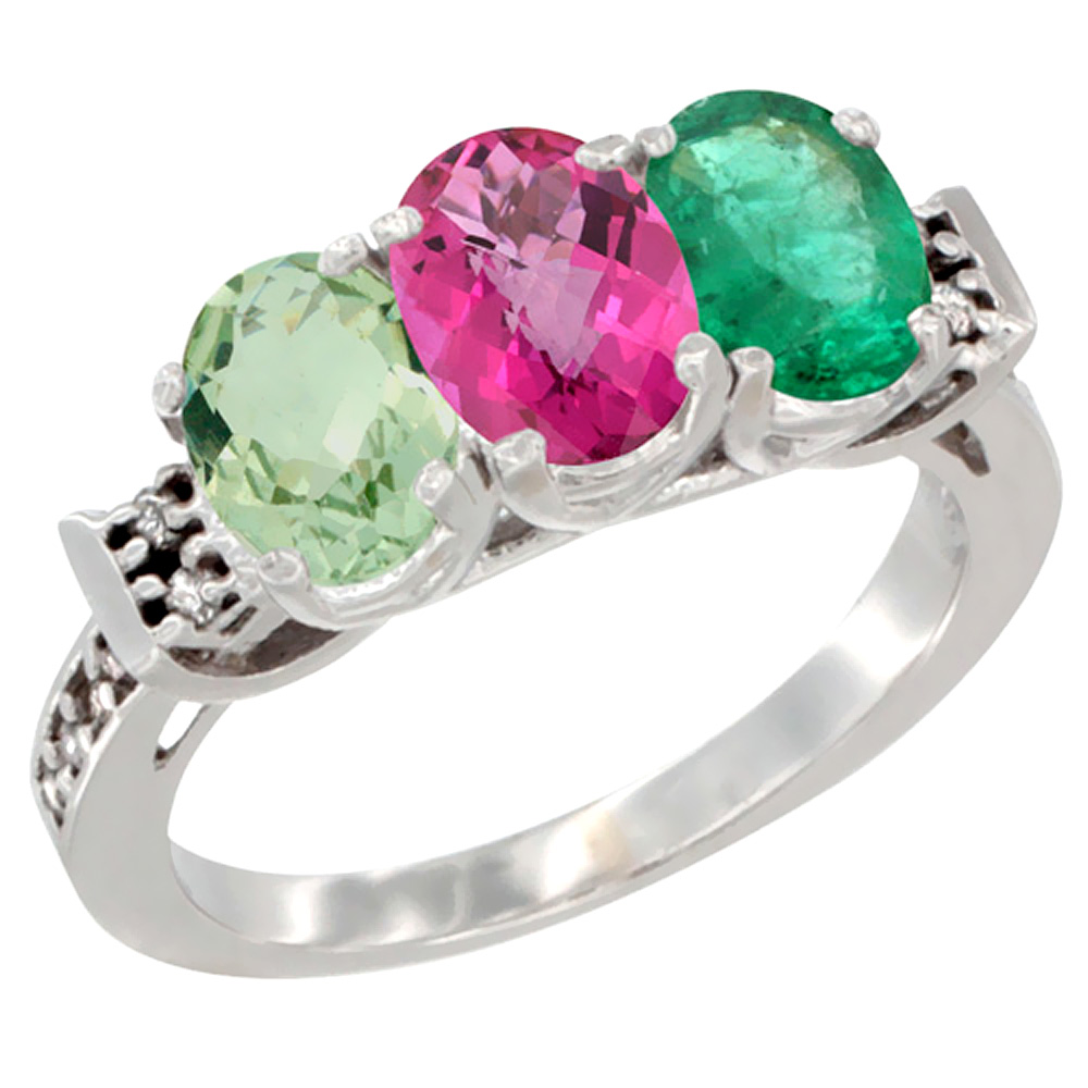 10K White Gold Natural Green Amethyst, Pink Topaz & Emerald Ring 3-Stone Oval 7x5 mm Diamond Accent, sizes 5 - 10