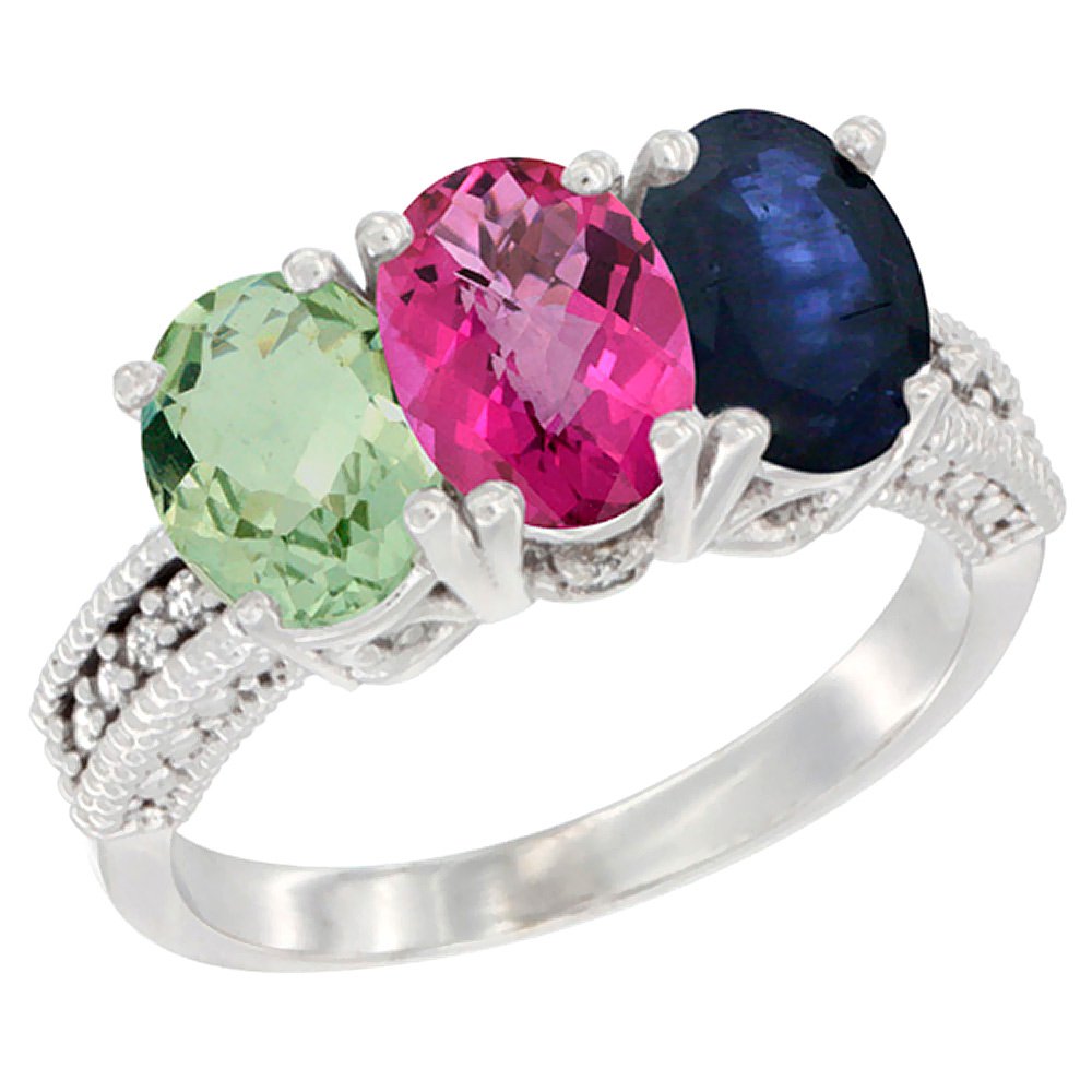 10K White Gold Natural Green Amethyst, Pink Topaz & Blue Sapphire Ring 3-Stone Oval 7x5 mm Diamond Accent, sizes 5 - 10