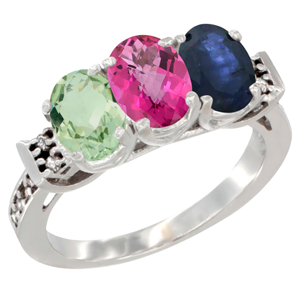 14K White Gold Natural Green Amethyst, Pink Topaz &amp; Blue Sapphire Ring 3-Stone 7x5 mm Oval Diamond Accent, sizes 5 - 10