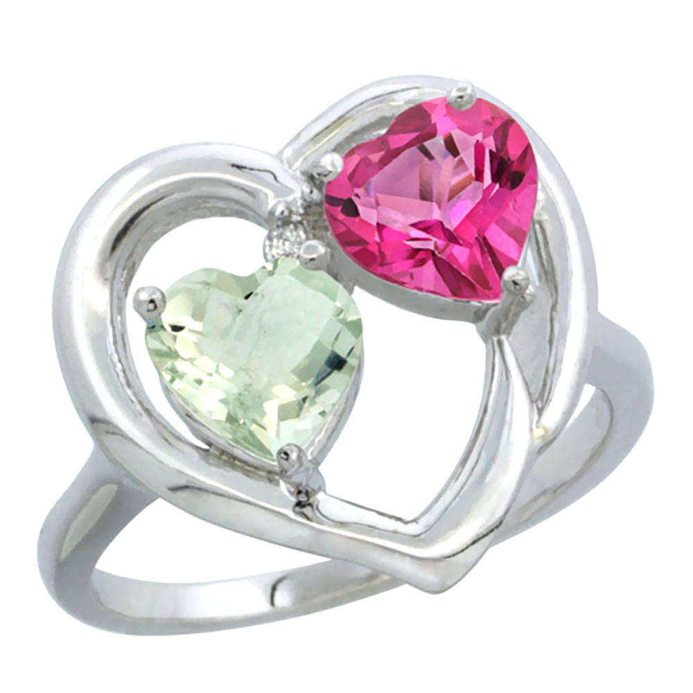 14K White Gold Diamond Two-stone Heart Ring 6mm Natural Green Amethyst &amp; Pink Topaz, sizes 5-10