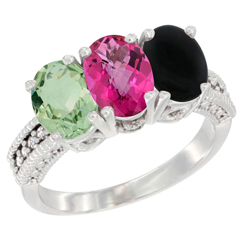 14K White Gold Natural Green Amethyst, Pink Topaz & Black Onyx Ring 3-Stone 7x5 mm Oval Diamond Accent, sizes 5 - 10