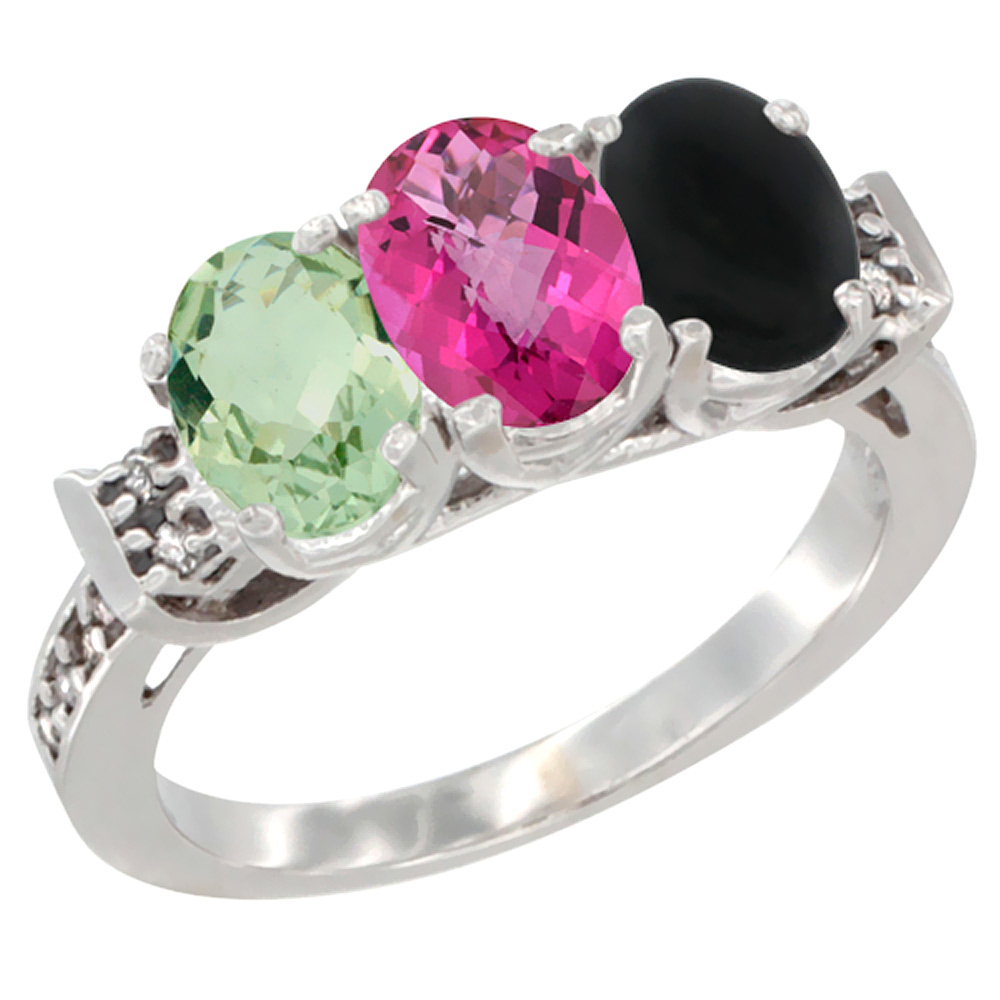 10K White Gold Natural Green Amethyst, Pink Topaz & Black Onyx Ring 3-Stone Oval 7x5 mm Diamond Accent, sizes 5 - 10