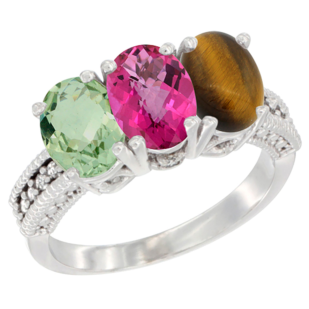 14K White Gold Natural Green Amethyst, Pink Topaz & Tiger Eye Ring 3-Stone 7x5 mm Oval Diamond Accent, sizes 5 - 10