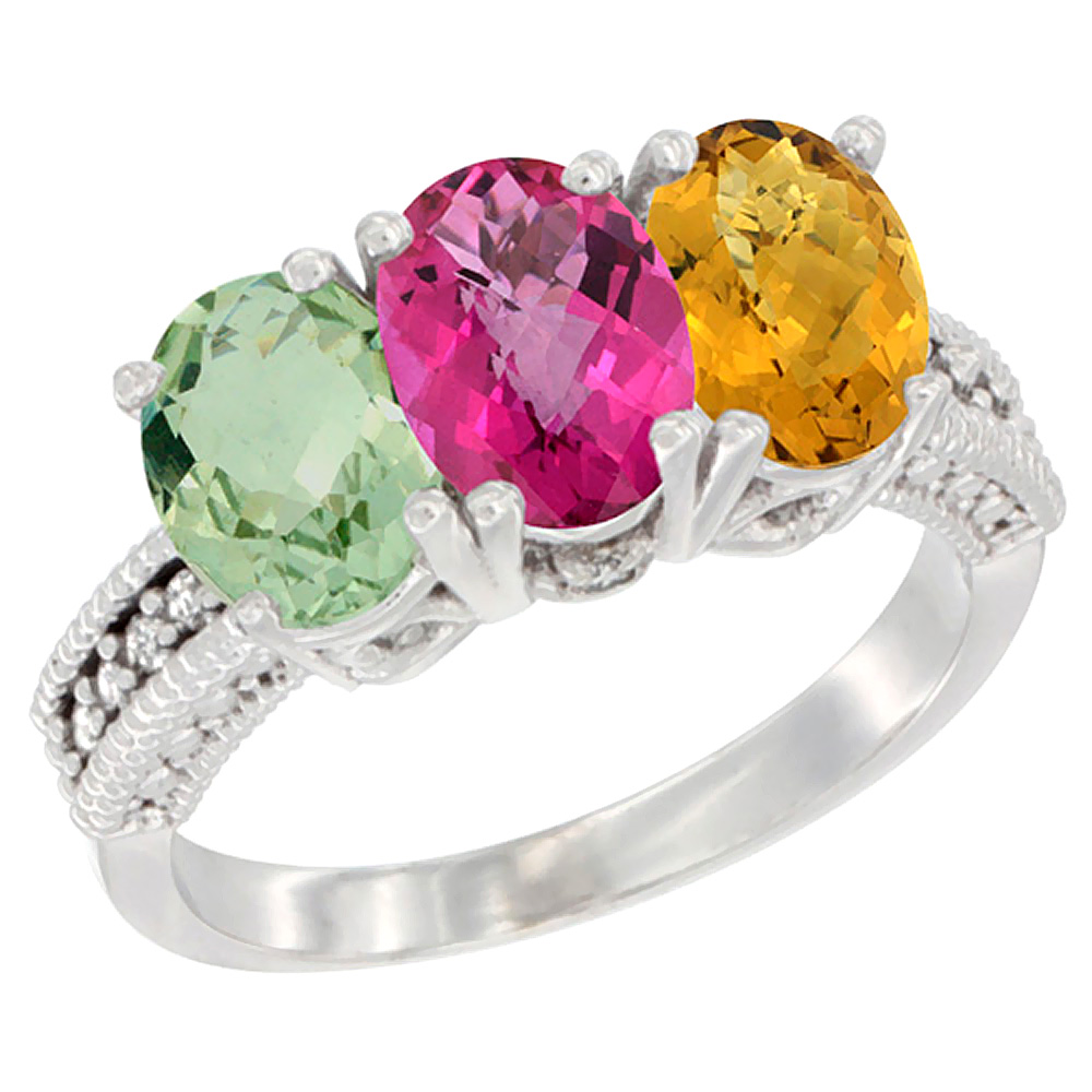 14K White Gold Natural Green Amethyst, Pink Topaz & Whisky Quartz Ring 3-Stone 7x5 mm Oval Diamond Accent, sizes 5 - 10