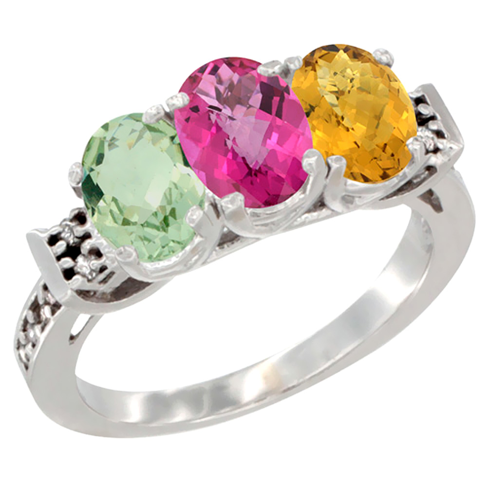 14K White Gold Natural Green Amethyst, Pink Topaz & Whisky Quartz Ring 3-Stone 7x5 mm Oval Diamond Accent, sizes 5 - 10