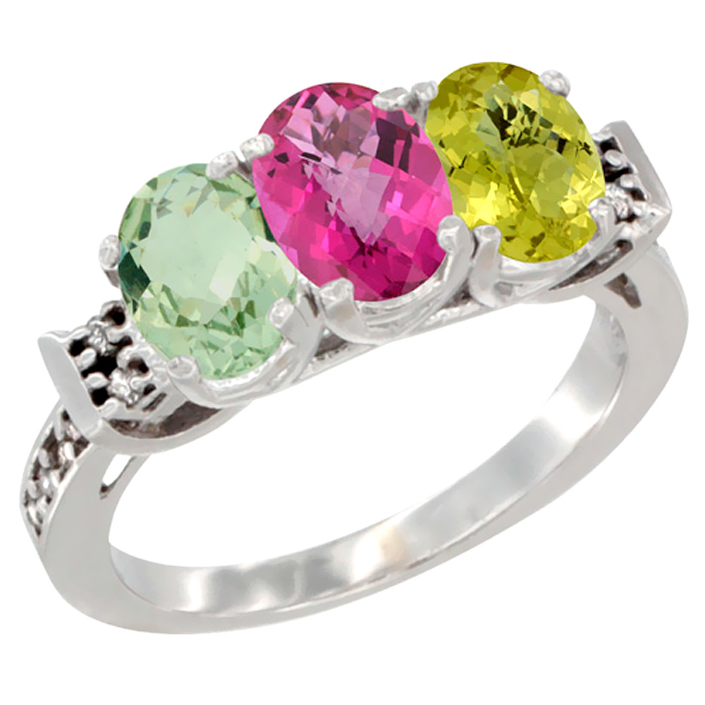 10K White Gold Natural Green Amethyst, Pink Topaz & Lemon Quartz Ring 3-Stone Oval 7x5 mm Diamond Accent, sizes 5 - 10