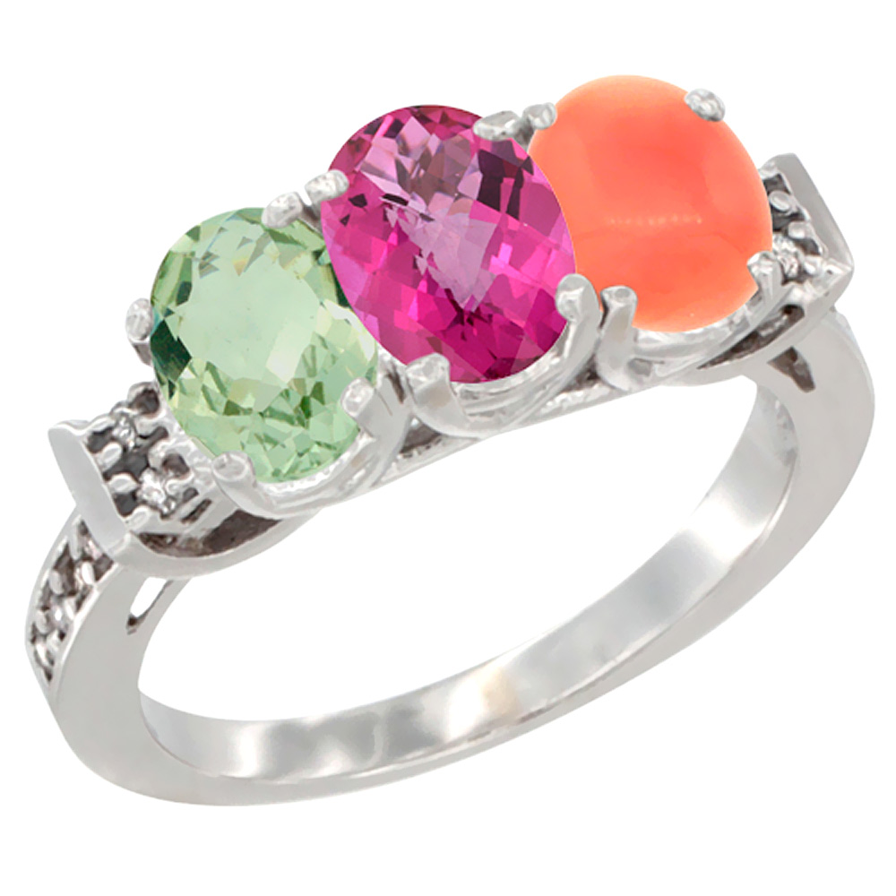 14K White Gold Natural Green Amethyst, Pink Topaz & Coral Ring 3-Stone 7x5 mm Oval Diamond Accent, sizes 5 - 10