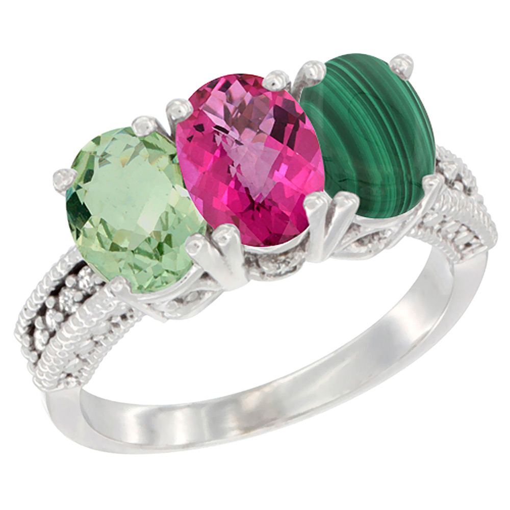 10K White Gold Natural Green Amethyst, Pink Topaz &amp; Malachite Ring 3-Stone Oval 7x5 mm Diamond Accent, sizes 5 - 10