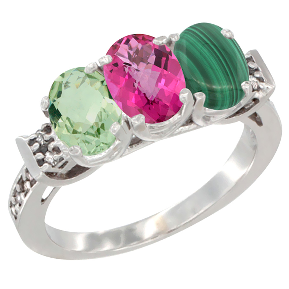 14K White Gold Natural Green Amethyst, Pink Topaz & Malachite Ring 3-Stone 7x5 mm Oval Diamond Accent, sizes 5 - 10