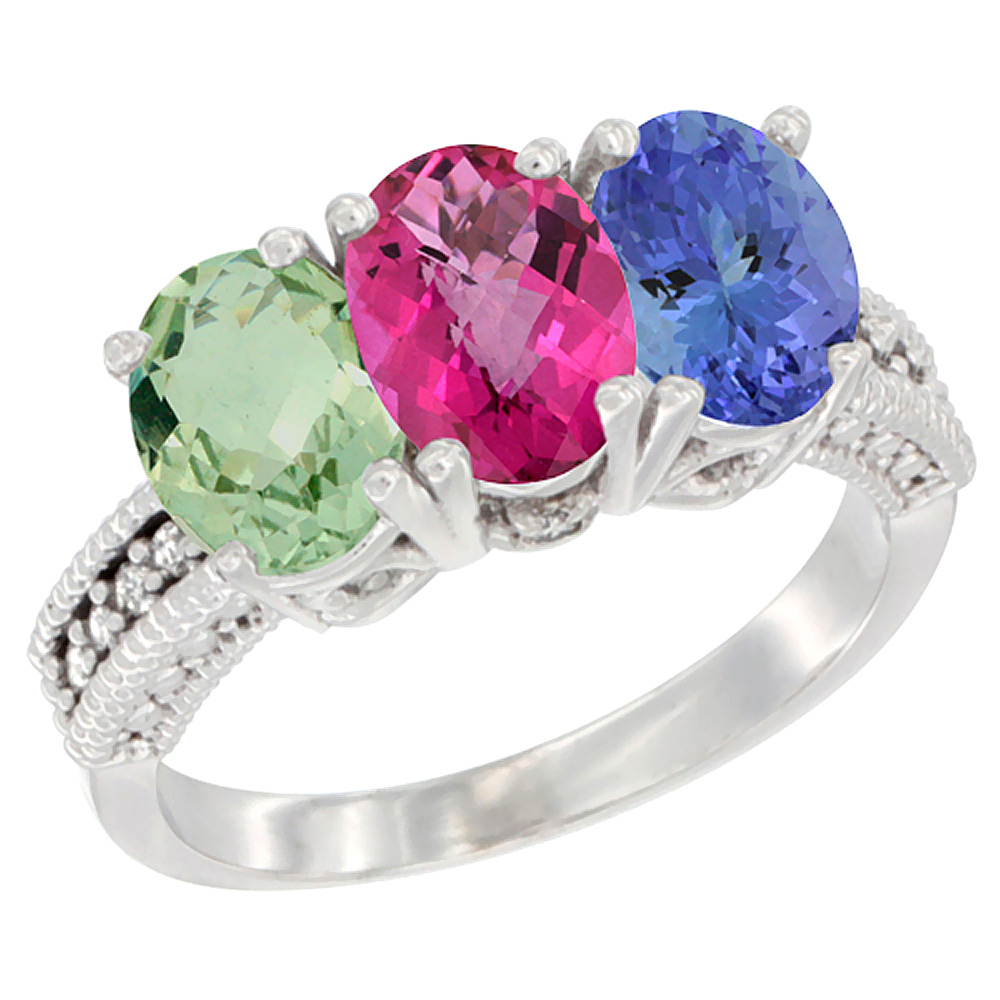 14K White Gold Natural Green Amethyst, Pink Topaz & Tanzanite Ring 3-Stone 7x5 mm Oval Diamond Accent, sizes 5 - 10