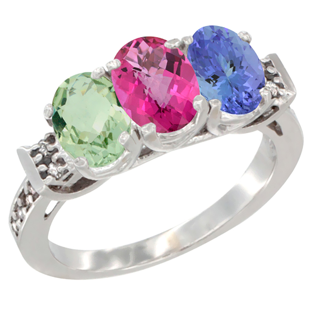 10K White Gold Natural Green Amethyst, Pink Topaz & Tanzanite Ring 3-Stone Oval 7x5 mm Diamond Accent, sizes 5 - 10