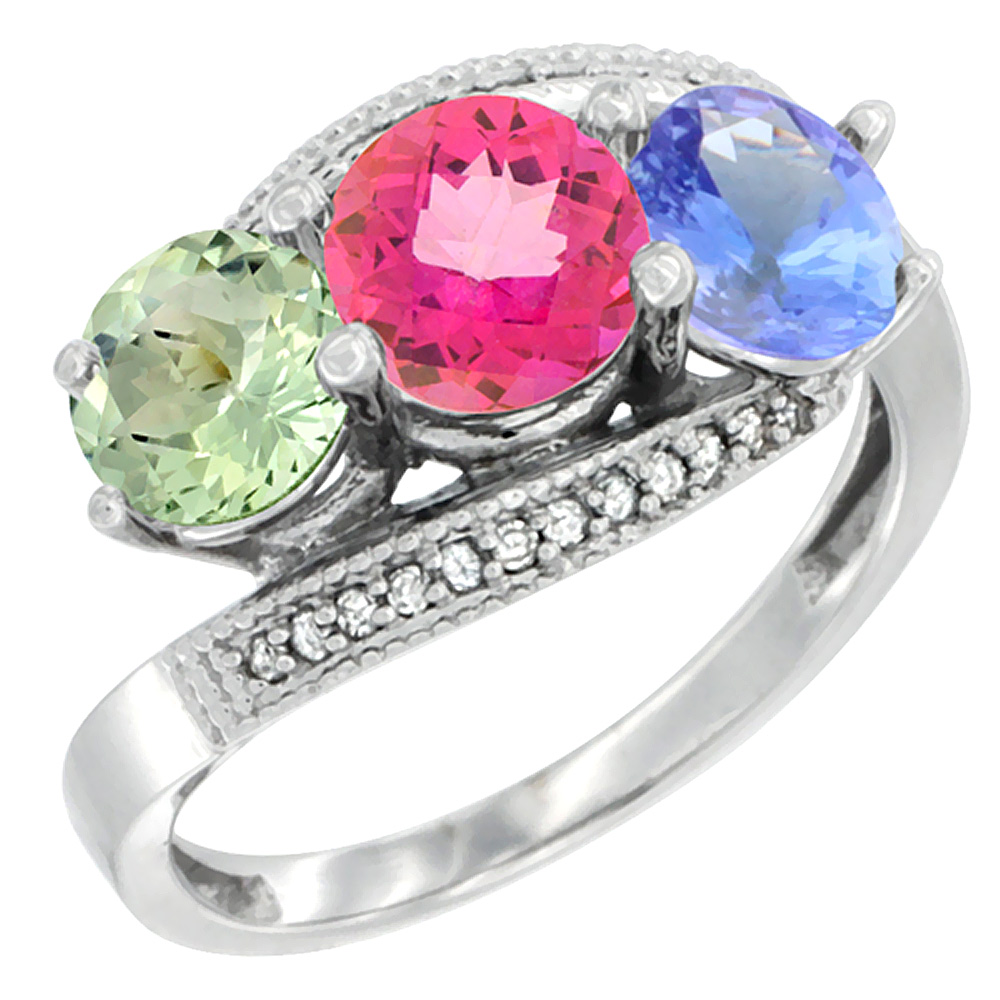 10K White Gold Natural Green Amethyst, Pink Topaz & Tanzanite 3 stone Ring Round 6mm Diamond Accent, sizes 5 - 10