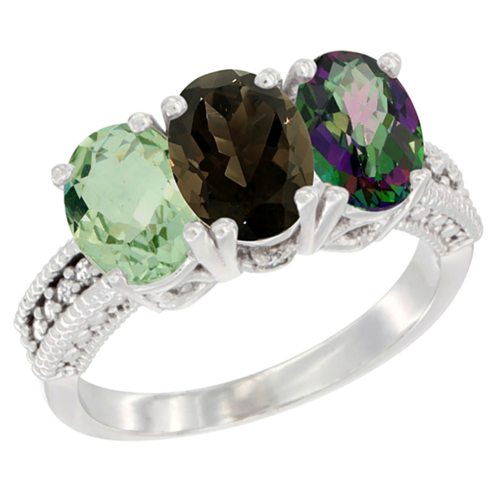 14K White Gold Natural Green Amethyst, Smoky Topaz & Mystic Topaz Ring 3-Stone 7x5 mm Oval Diamond Accent, sizes 5 - 10