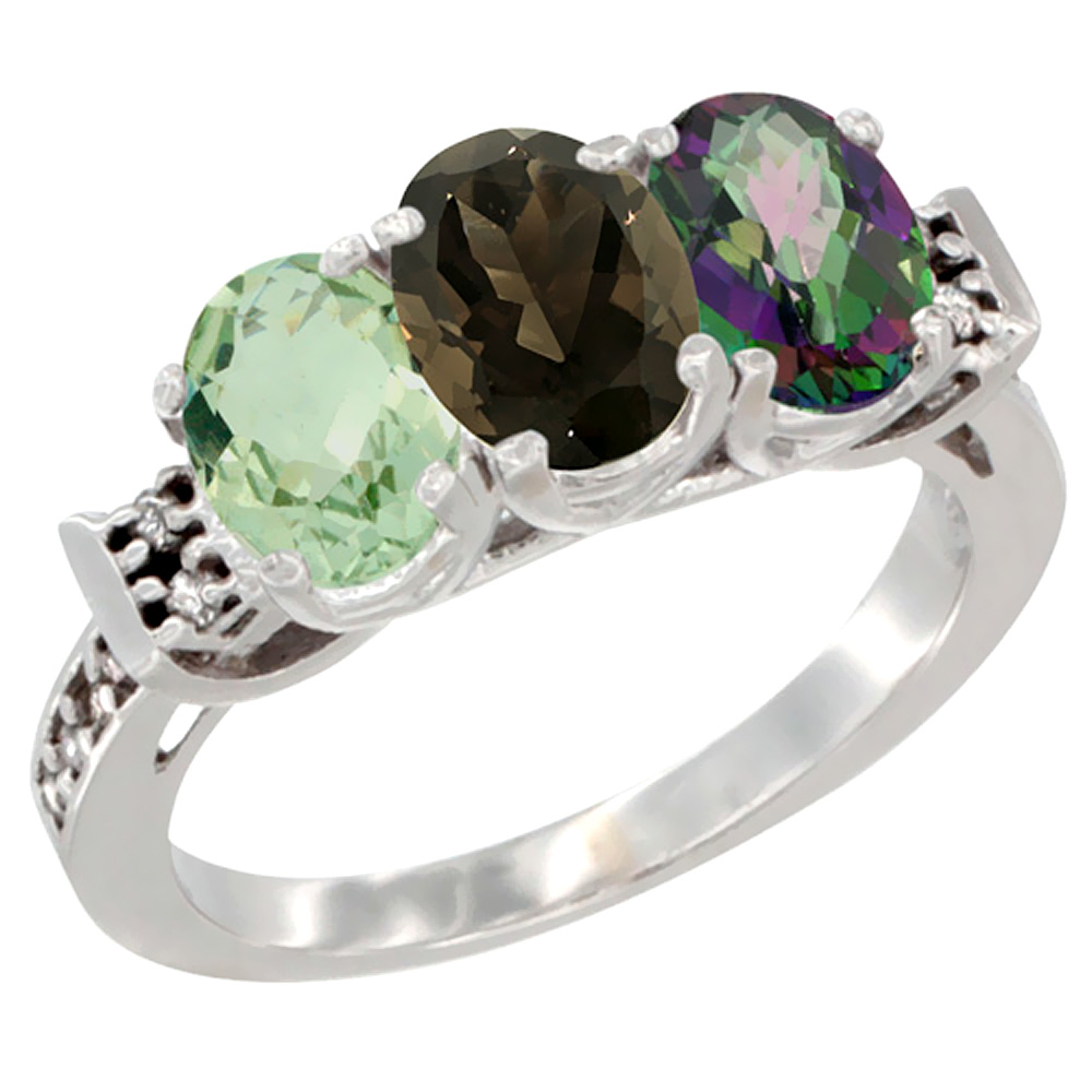 14K White Gold Natural Green Amethyst, Smoky Topaz & Mystic Topaz Ring 3-Stone 7x5 mm Oval Diamond Accent, sizes 5 - 10