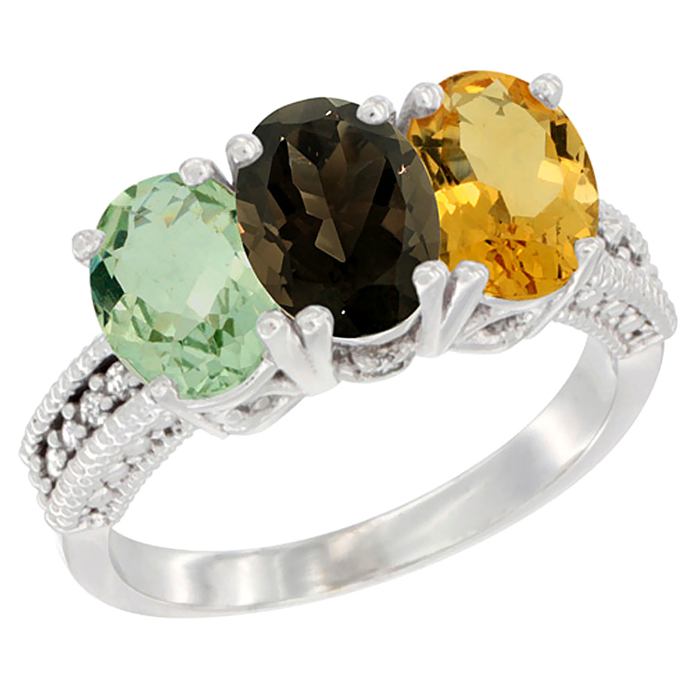 14K White Gold Natural Green Amethyst, Smoky Topaz & Citrine Ring 3-Stone 7x5 mm Oval Diamond Accent, sizes 5 - 10