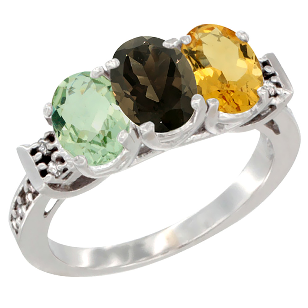 10K White Gold Natural Green Amethyst, Smoky Topaz & Citrine Ring 3-Stone Oval 7x5 mm Diamond Accent, sizes 5 - 10