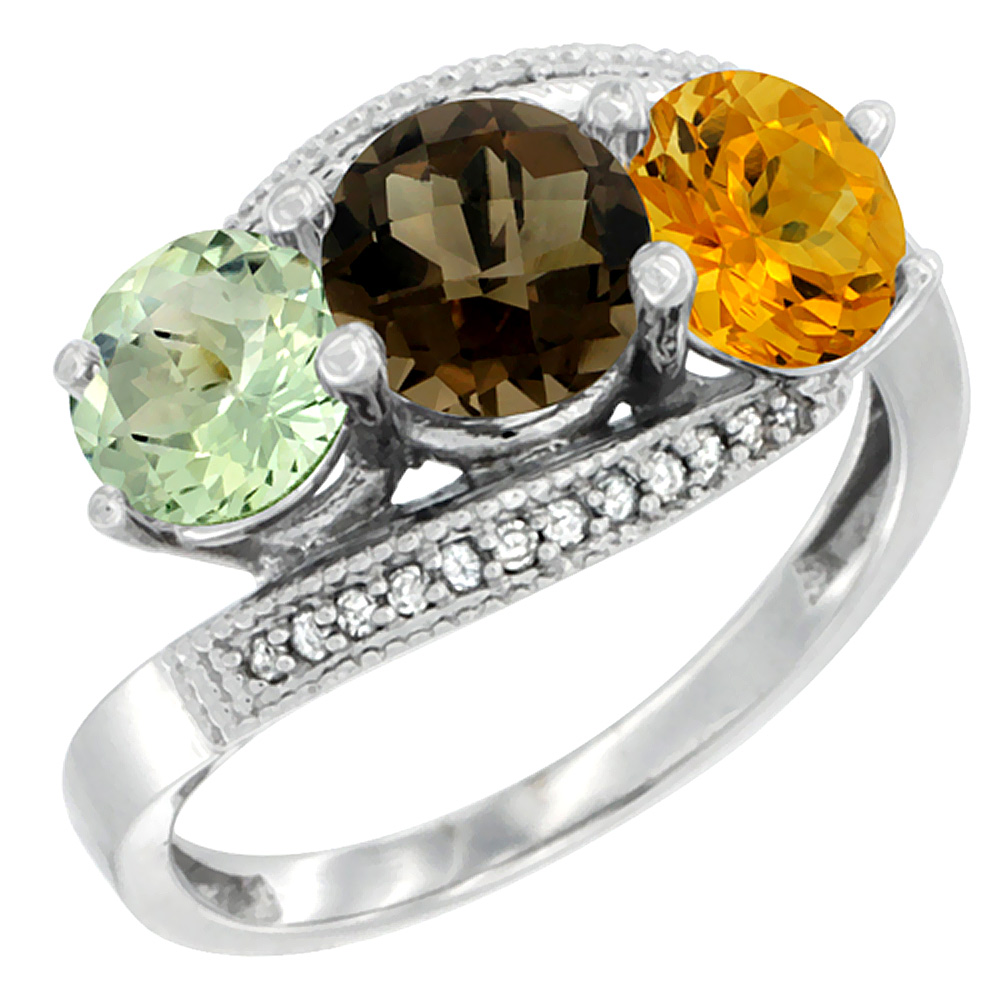 14K White Gold Natural Green Amethyst, Smoky Topaz & Citrine 3 stone Ring Round 6mm Diamond Accent, sizes 5 - 10