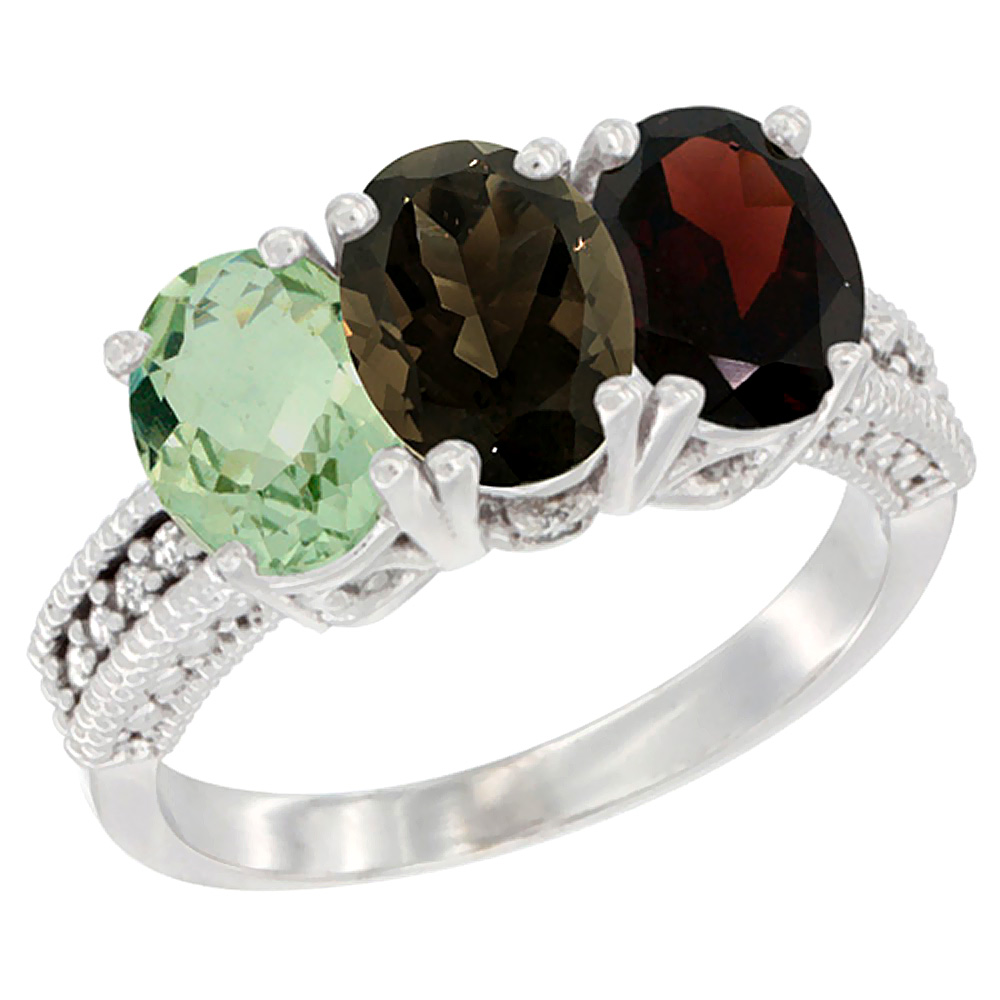 14K White Gold Natural Green Amethyst, Smoky Topaz &amp; Garnet Ring 3-Stone 7x5 mm Oval Diamond Accent, sizes 5 - 10