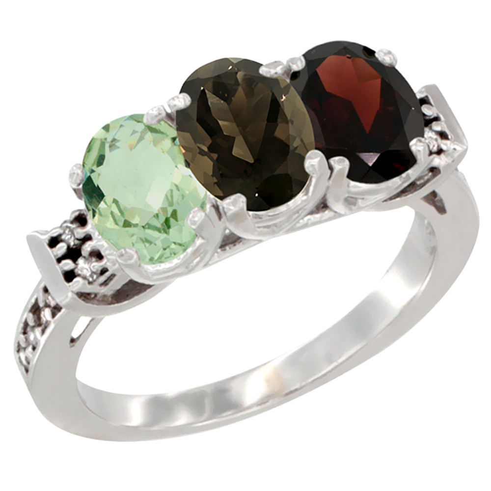 14K White Gold Natural Green Amethyst, Smoky Topaz &amp; Garnet Ring 3-Stone 7x5 mm Oval Diamond Accent, sizes 5 - 10